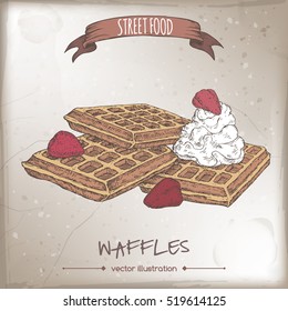 Belgian waffles with whipped cream and strawberries color sketch on grunge background. Belgian cuisine. Street food series. Great for recipe books, markets, restaurants, cafe, food label design.