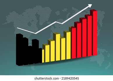 Belgium 3D bar chart graph with ups and downs, increasing values, Belgium country flag on 3D bar graph, upward rising arrow on data, news banner idea, developing country concept