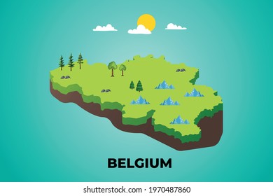 Belgium 3d isometric map with topographic details mountains, trees and soil vector illustration design