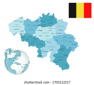 Belgium administrative blue-green map with country flag and location on a globe. Vector illustration
