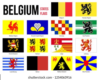 Belgium All Region & Provinces Flag Vector Illustration on White Background. Flags of Belgium. Correct Size, Proportion and Colors.