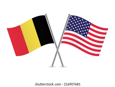 Belgium and America crossed flags.  Belgian and American flags on white background. Vector icon set. Vector illustration.