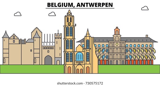 Belgium, Antwerpen. City skyline, architecture, buildings, streets, silhouette, landscape, panorama, landmarks. Editable strokes. Flat design line vector illustration concept. Isolated icons set
