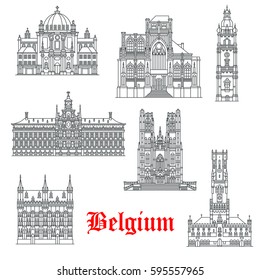 Belgium architecture and landmark buildings. Vector isolated icons and facades of St Christopher, Peter or Gudula church or Sint Pieterskirk, Mons Belfry or Bruges Town Hall and Antwerp City Hall