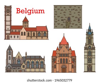 Belgium architecture and travel landmarks, vector buildings cathedrals and churches of Leuven, Tournai and Courtray city. Belgian Belfry and Henry VIII tower, Our Lady Notre Dame cathedral in Kortrijk