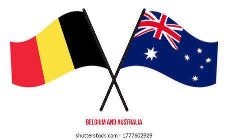 Belgium and Australia Flags Crossed And Waving Flat Style. Official Proportion. Correct Colors.