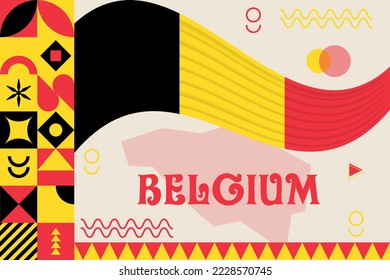 Belgium banner with cultural design. Independence day design for Belgium celebration. Modern neo geometric retro design with flag, map and abstract icons. Red and Yellow. Vector Illustration