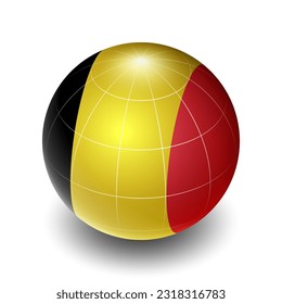 Belgium (BE) (Belgian) National Flag 2.5D Isometric View, Metallic Sphere Ball Globe Design, Flag Symbol Isolated on White Background