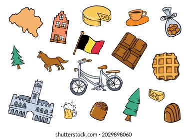 Belgium Or Belgia Country Nation Doodle Hand Drawn Set Collections With Flat Outline Style