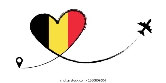 Belgium, Belgian, belgique. Heart, love romantic travel. Symbol of  airplane, air plane, aircraft, aeroplane, flying, fly jet airline. Line path. Vector location pointer route. Travel. 