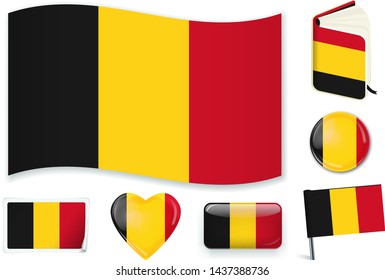 Belgium. Belgian national flag in wave, book, circle, pin, button, heart and sticker shapes.