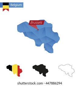 Belgium blue Low Poly map with capital Brussels, versions with flag, black and outline. Vector Illustration.