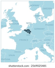 Belgium - blue map with neighboring countries and names. Vector illustration