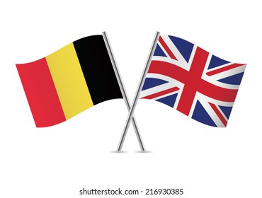 Belgium and Britain crossed flags. Belgian and British flags on white background. Vector icon set. Vector illustration.
