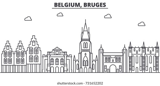 Belgium, Bruges architecture line skyline illustration. Linear vector cityscape with famous landmarks, city sights, design icons. Landscape wtih editable strokes