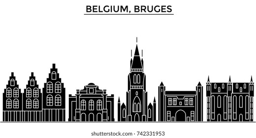Belgium, Bruges architecture vector city skyline, travel cityscape with landmarks, buildings, isolated sights on background
