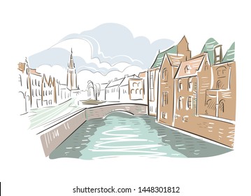 Belgium Bruges Europe vector sketch city illustration line art
