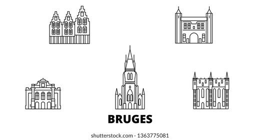 Belgium, Bruges line travel skyline set. Belgium, Bruges outline city vector illustration, symbol, travel sights, landmarks.