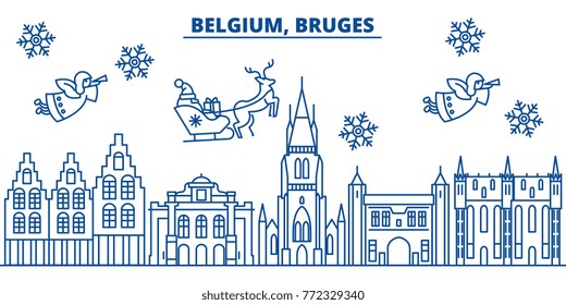 Belgium, Bruges winter city skyline. Merry Christmas, Happy New Year decorated banner with Santa Claus.Winter greeting line card.Flat, outline vector.Linear christmas snow illustration