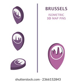 Belgium Brussels 3D vector logo set. Isometric map pin, geolocation pointer, modern skyline icon, concept, isolated graphic