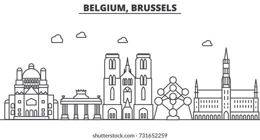 Belgium, Brussels architecture line skyline illustration. Linear vector cityscape with famous landmarks, city sights, design icons. Landscape wtih editable strokes