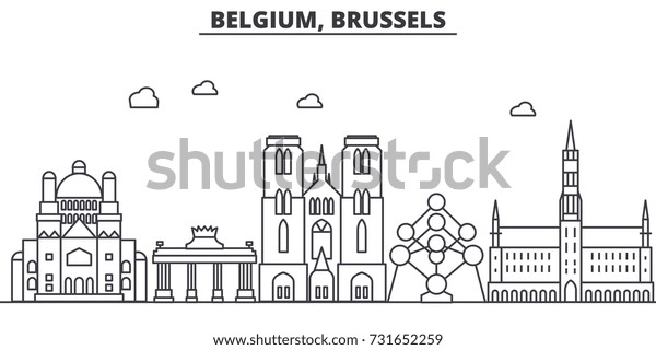 ベルギー ブリュッセル建築のラインスカイラインイラスト 有名な史跡 市の名所 デザインアイコンを持つ線形のベクター都市景観 編集可能な線付き横 のベクター画像素材 ロイヤリティフリー