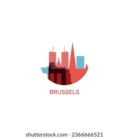 Belgium Brussels city cityscape skyline capital panorama vector flat modern logo icon. Bruxelles Europe emblem idea with landmarks and building silhouettes