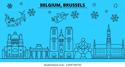 Belgium, Brussels winter holidays skyline. Merry Christmas, Happy New Year decorated banner with Santa Claus.Belgium, Brussels linear christmas city vector flat illustration