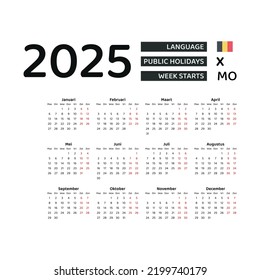 Belgium Calendar 2025. Week starts from Monday. Vector graphic design. Dutch language.