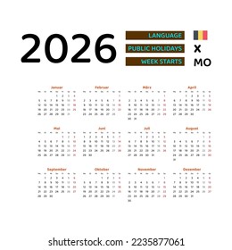 Belgium Calendar 2026. Week starts from Monday. Vector graphic design. German language.