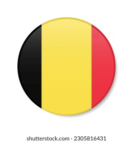 Icono de botón de círculo de Bélgica. Bandera belga redonda con sombra. Ilustración vectorial 3D realista aislada en blanco.