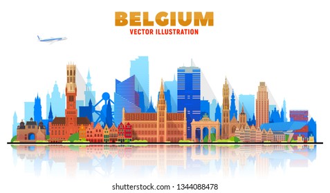 Belgium cities ( Brussels, Bruges, Antwerp, and other) skyline vector illustration at white background. Business travel and tourism concept with famous France landmarks.