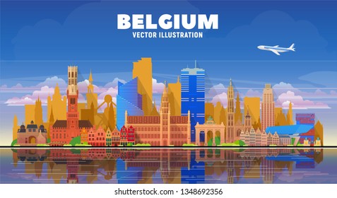 Belgium cities ( Brussels, Bruges, Antwerp, and other) skyline vector illustration at white background. Business travel and tourism concept with famous France landmarks.