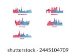 Belgium cities skyline vector logo set. Flat watercolor icon for Brussels, Ghent, Bruges, Antwerpen, Liege silhouette. Isolated graphic collection