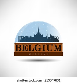 Belgium, City Skyline Silhouette In Snow Globe. Vector Design.