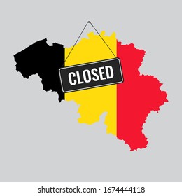 Belgium is closed for a coronavirus quarantine. The national flag of the Kingdom Of Belgium in the form of a map and a sign "closed". Illustration of the concept of closed borders