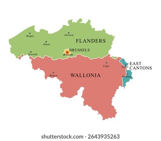 Bélgica Mapa codificado por cores com regiões dos cantões orientais, Flandres, Valônia e Bruxelas, incluindo as principais cidades rotuladas Gante, Antuérpia, Liége, Bruxelas Capital, Bergen, Kortijk, Malmedy e Eupen