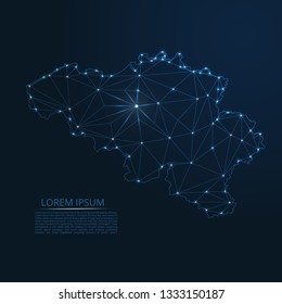 Belgium communication network map. Vector low poly image of a global map with lights in the form of cities in Belgium or population density consisting of points and shapes in the form of stars 