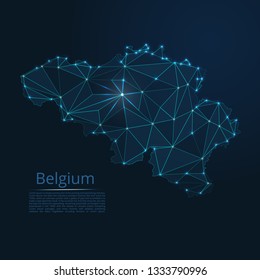 Belgium communication network map. Vector low poly image of a global map with lights in the form of cities in or population density consisting of points and shapes in the form of stars and space.
