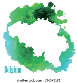 Belgium. Country circuit. Vector drawing on the background of watercolor paint stains .
