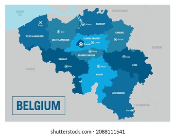 Belgium country political map. Detailed vector illustration with isolated states, regions and cities easy to ungroup. 