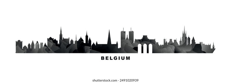 Belgium country skyline, cities panorama. Vector banner or long logo with abstract texture. Ghent, Brussels, Bruges, Antwerp silhouette, isolated graphic