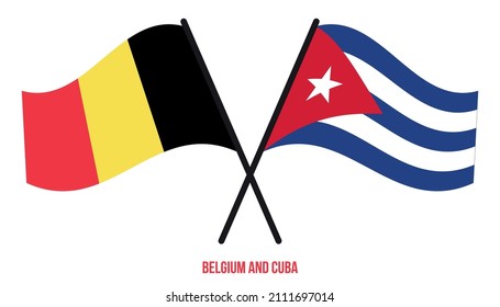 Belgien und Kuba Flaggen überquert und schwingen Flat Style. Offizieller Anteil. Korrigieren Sie Farben.