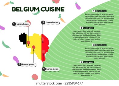 Belgium cuisine infographic, popular or cultural food concept, traditional Belgium kitchen, vector layout and template, famous food locations, banner idea with flag and map