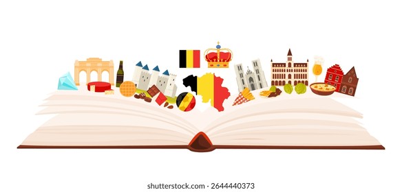 Belgium culture and landmarks, Belgian sightseeing places for tourists and language study in infographic collage background. Traditional food and buildings on open book cartoon vector illustration