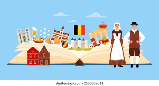 Belgium culture and traditional landmarks, language study in journey. Infographic collage banner with open big guide book, Belgians in national costumes, food and buildings cartoon vector illustration