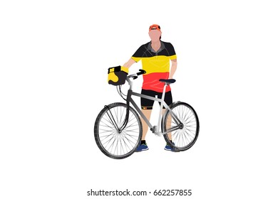 Belgium Cyclist, sport man holding his bicycle ready for cycling