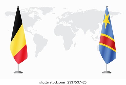 Belgium and Democratic Republic of Congo flags for official meeting against background of world map.