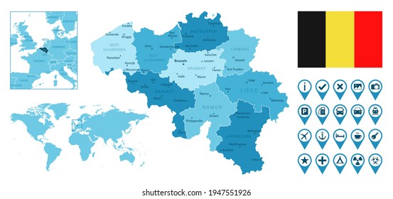Belgium detailed administrative blue map with country flag and location on the world map.