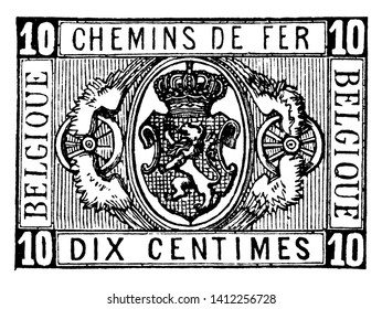 Belgium Dix Centimes Postal Packet Stamp from 1879 to 1881 in which the price rise is an adjustment connected with major investments to further modernise the mail, vintage line drawing or engraving